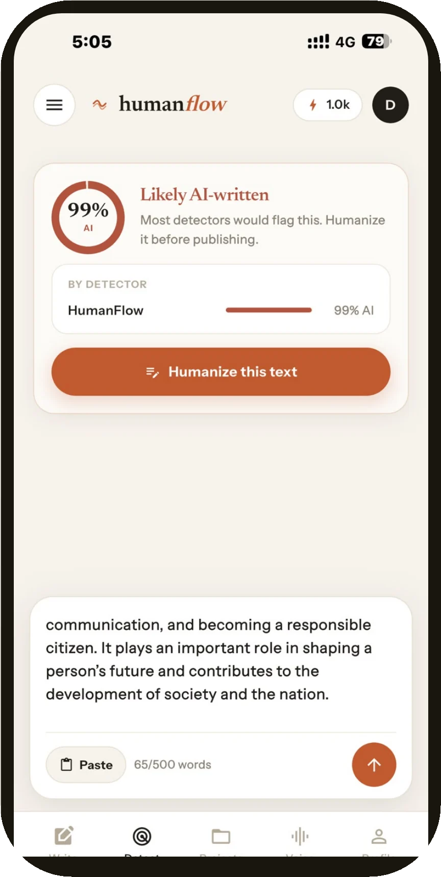 The same app showing a detection result: 99% AI, labelled “Likely AI-written”, with a button to humanize the text.